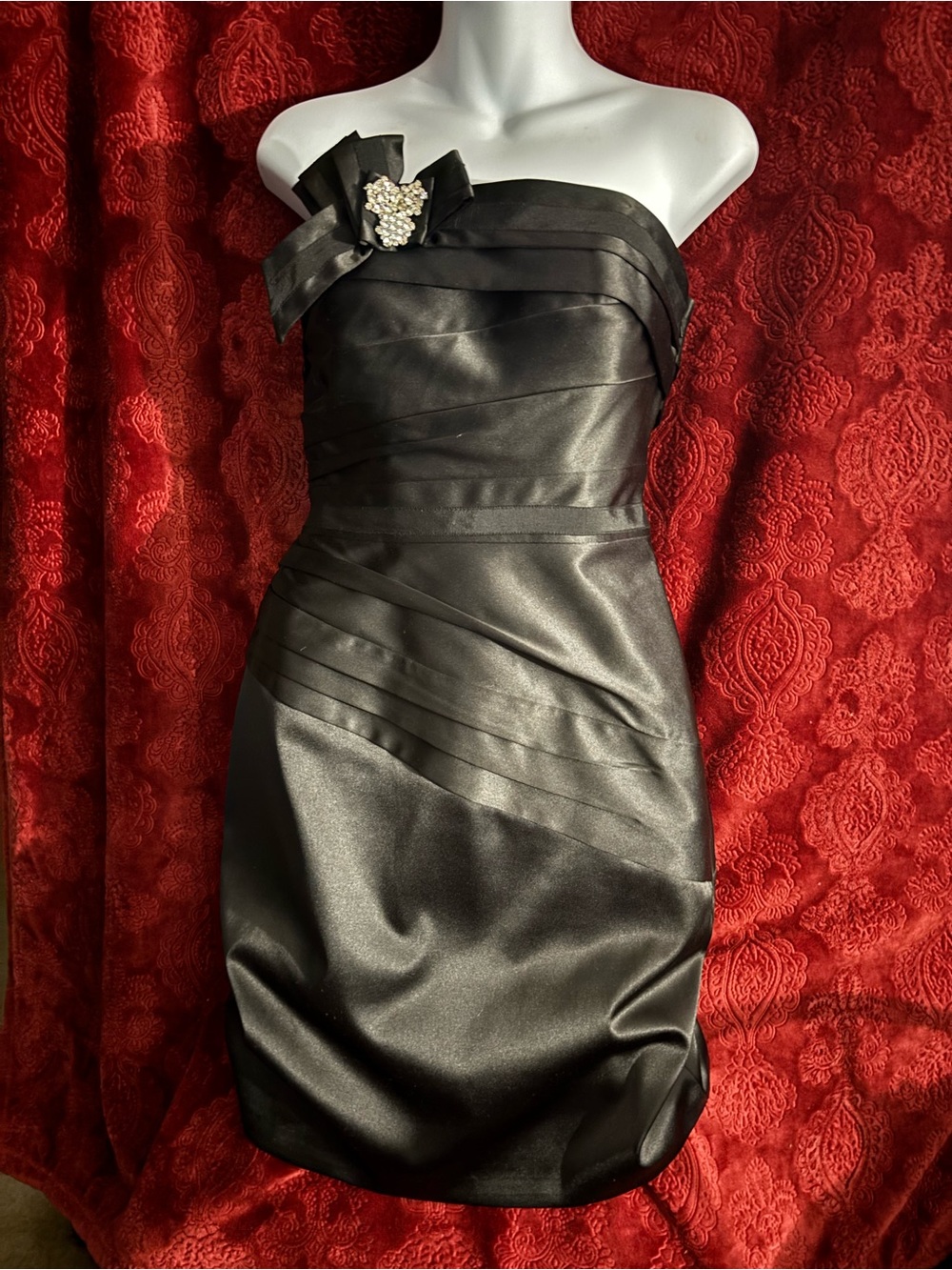White House Black Market Strapless Black Satin Cocktail Dress with Brooch